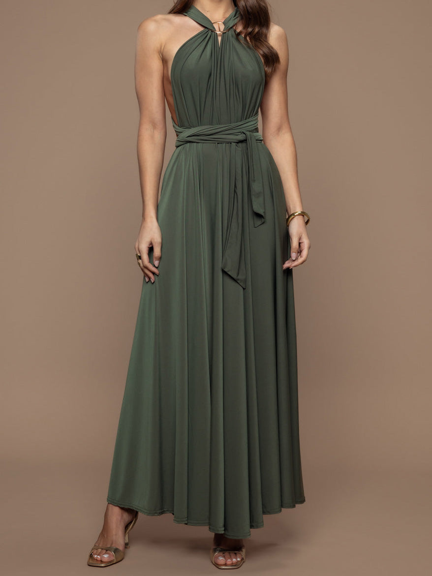 Elegant Halter Neck Draped Tie-Waist Maxi Dress Green