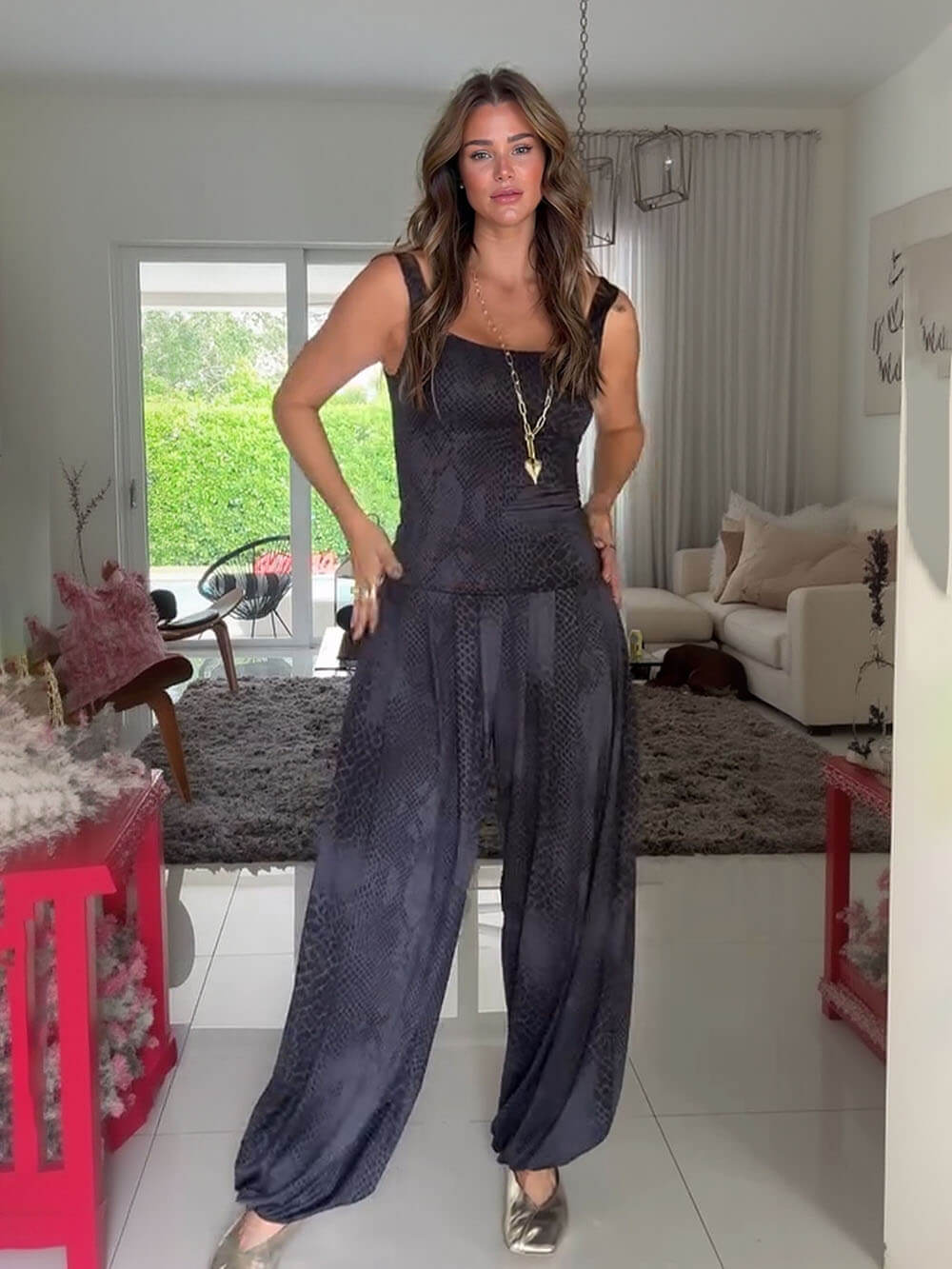 Casual Black Printed Spaghetti Strap Jumpsuit Black