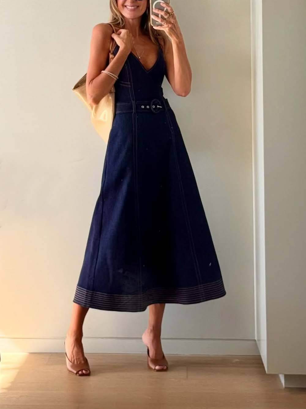 Casual V-Neck Flared Midi Dress Blue