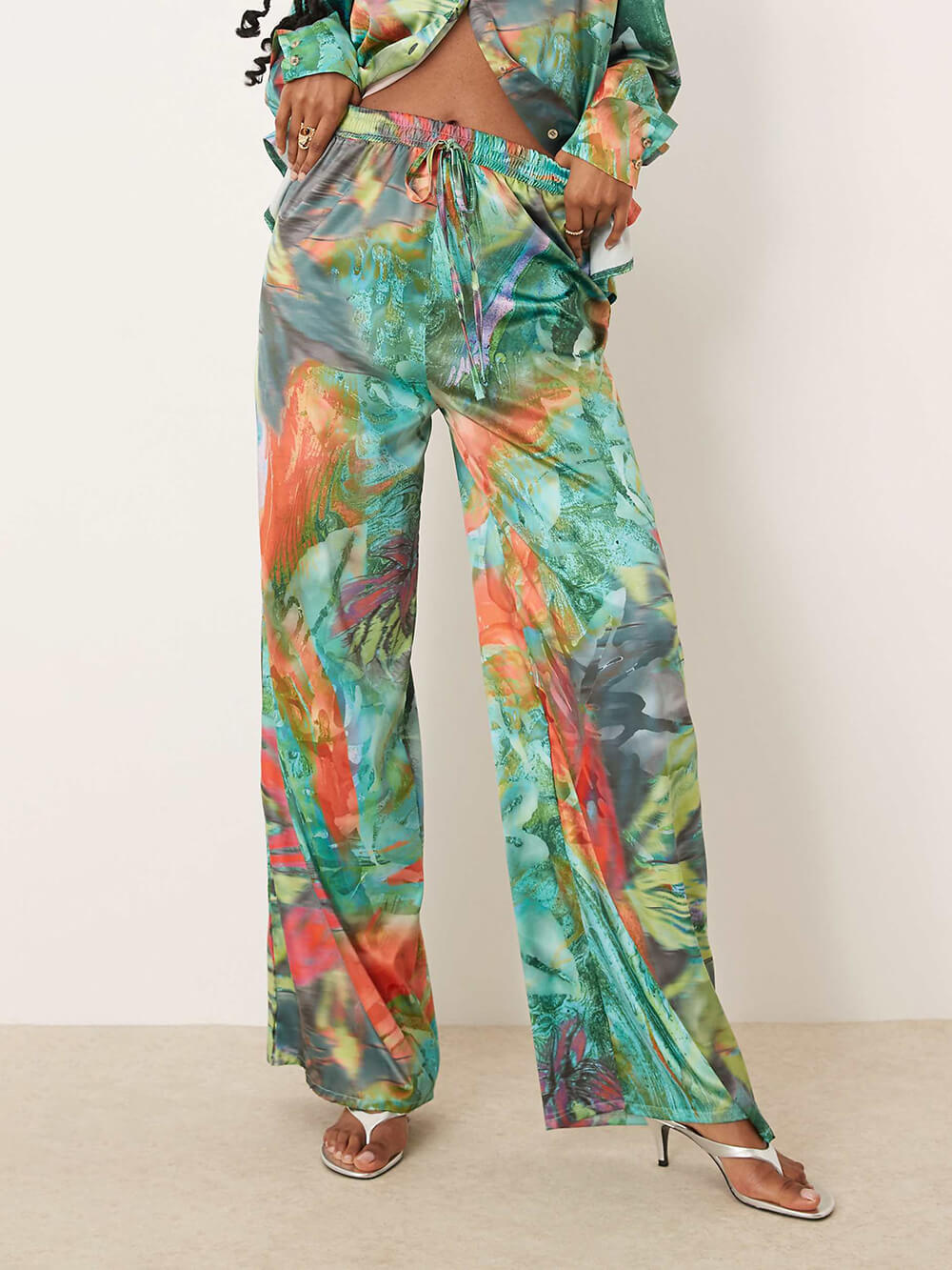 Unique Satin Oil Painting Print Elastic Waist Loose Wide-Leg Pants Multicolors