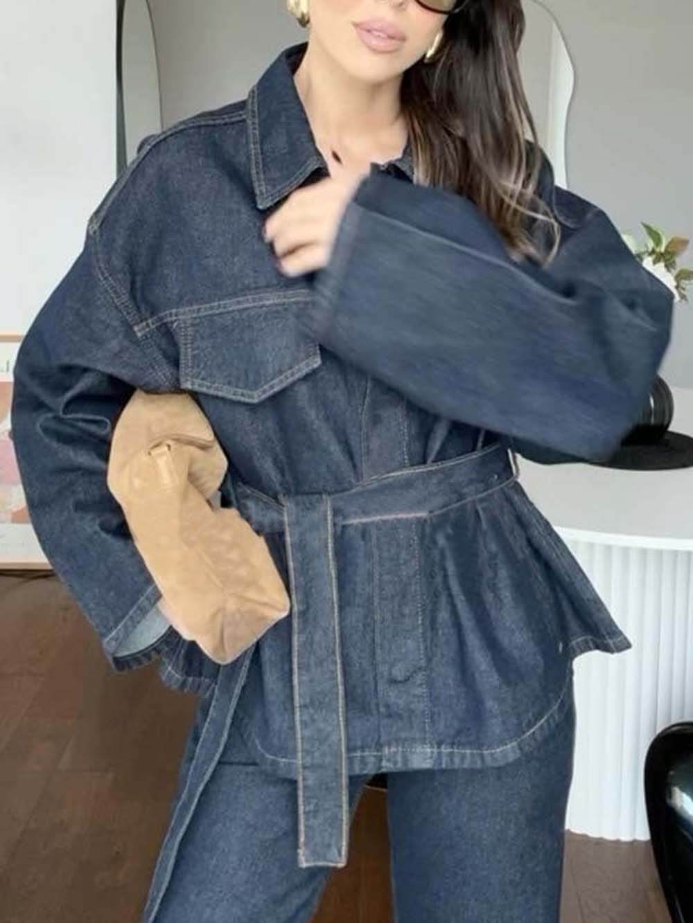 Classic Fashion Workwear-Style Denim Button-Up Long Sleeve Pocketed Collar Jacket Navy Blue