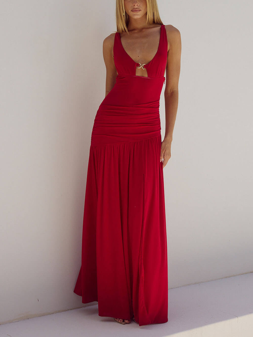 Luxury Mesh Semi-sheer Side Slit Cutout Maxi Dress Red