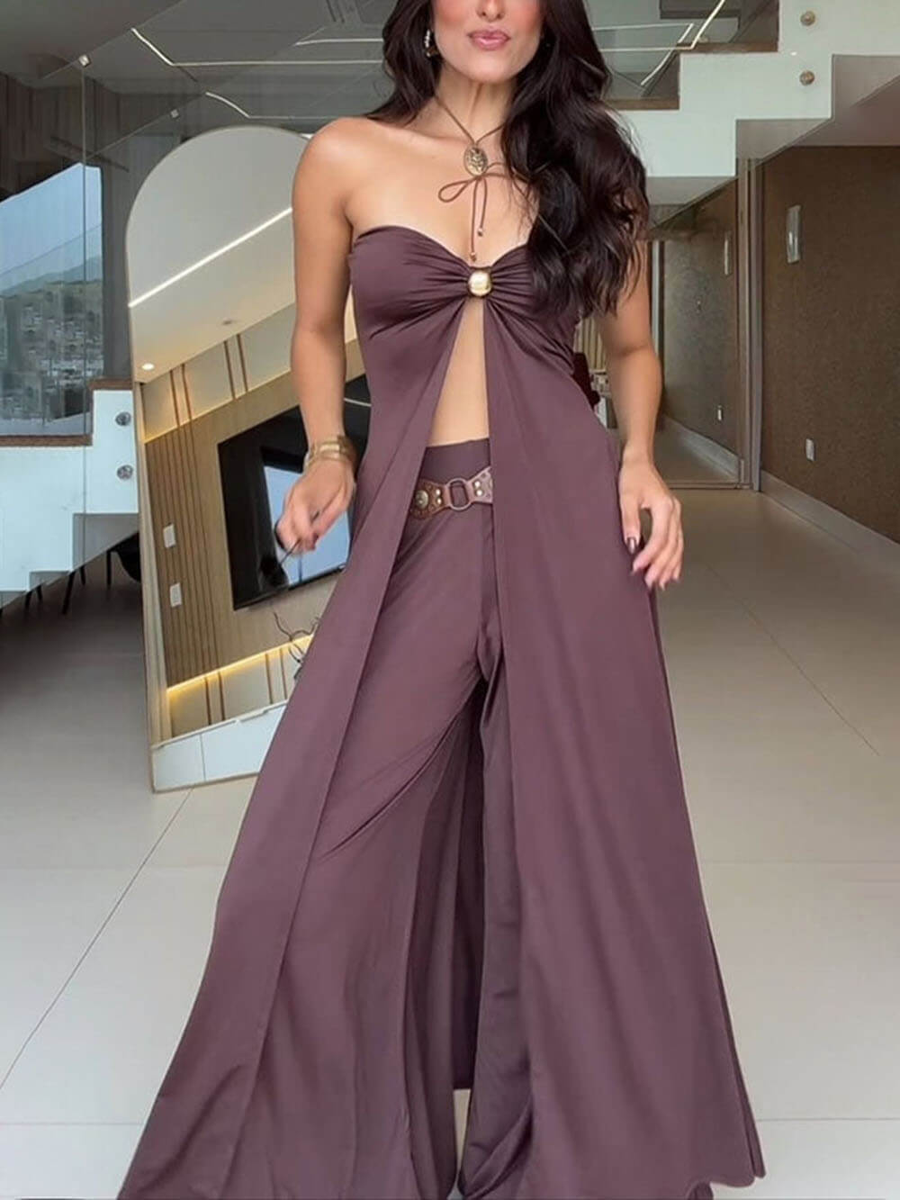 Fashion Stellah Golden Details Front Slit Midi Tube Top and Elastic Waist Wide Leg Pants Set Brown