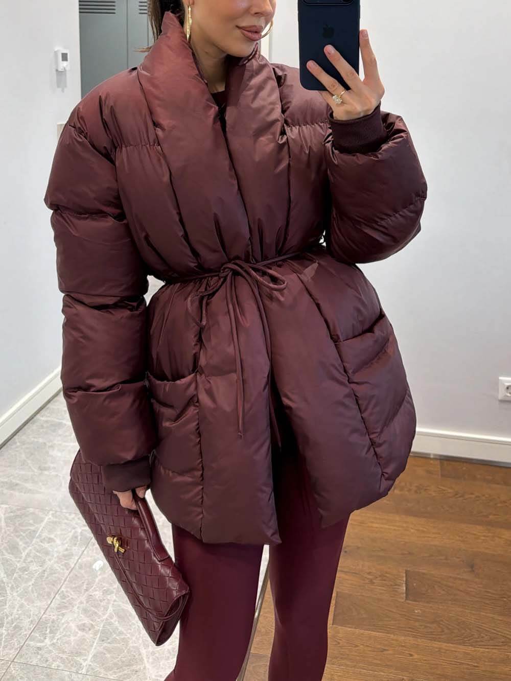 Fashion Pocket Fold-Over Puffy Lace-Up Coat Wine Red