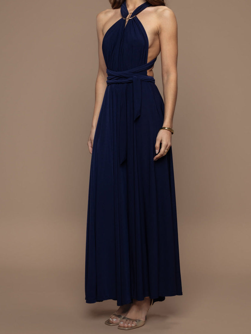 Elegant Halter Neck Draped Tie-Waist Maxi Dress