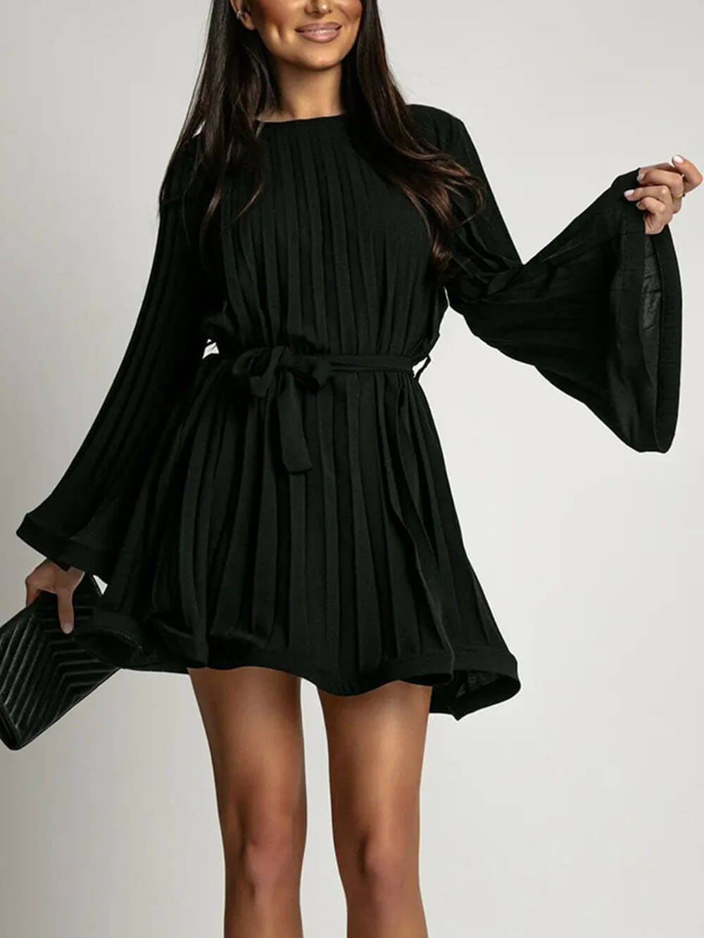 Elegant Round Neck Bell Sleeve Tie-Waist Ruched Mini Dress Black
