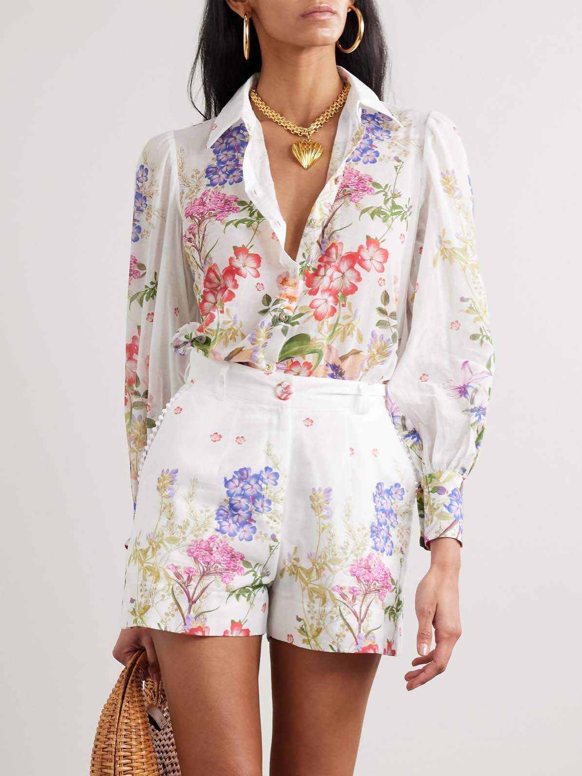 Floral Print Long-sleeved Shirt Two-piece Set White