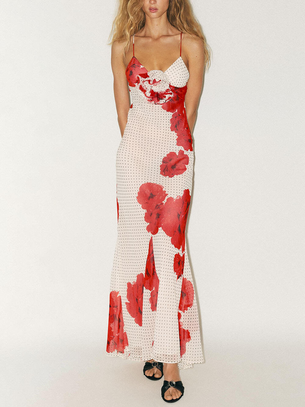Elegant Poka Dot Floral Print Flower Detail Slip Maxi Dress