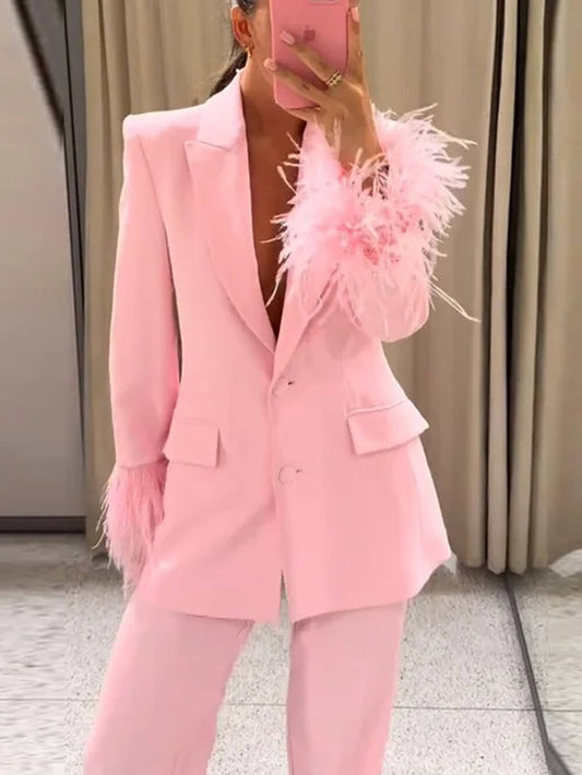 Elegant Pink Patchwork High-Waist Blazer Pants