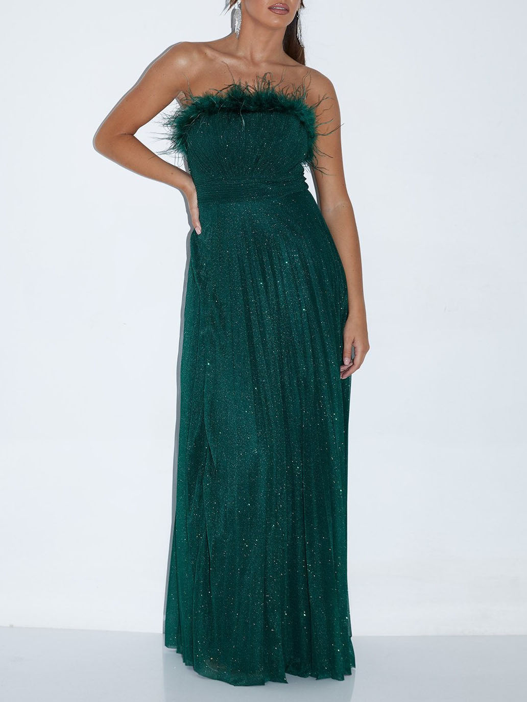 Elegant Feather Trim Shimmer Strapless Maxi Dress Dark Green