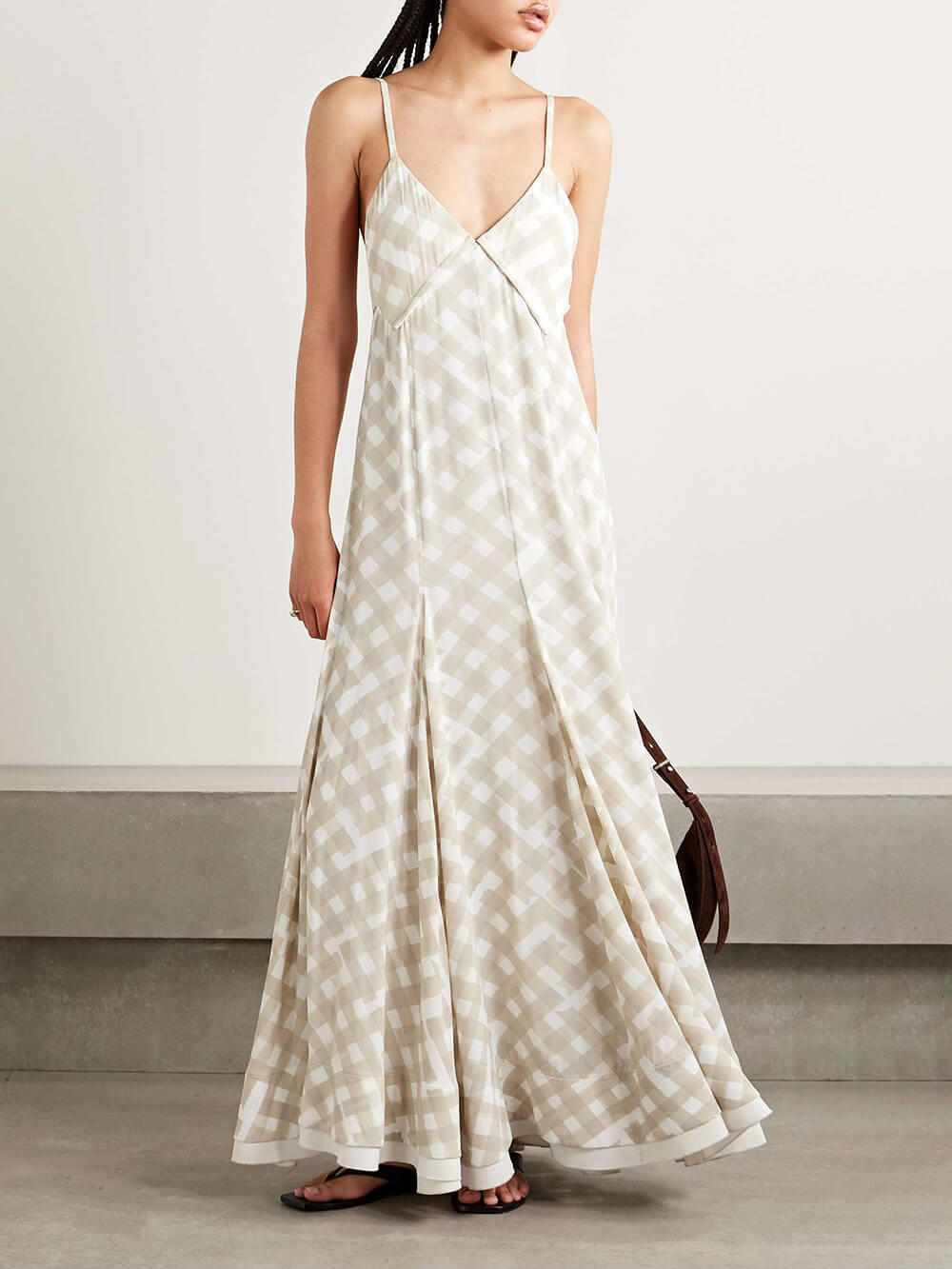 Elegant Plaid Print Pleated Crepe Maxi Dress Off-White
