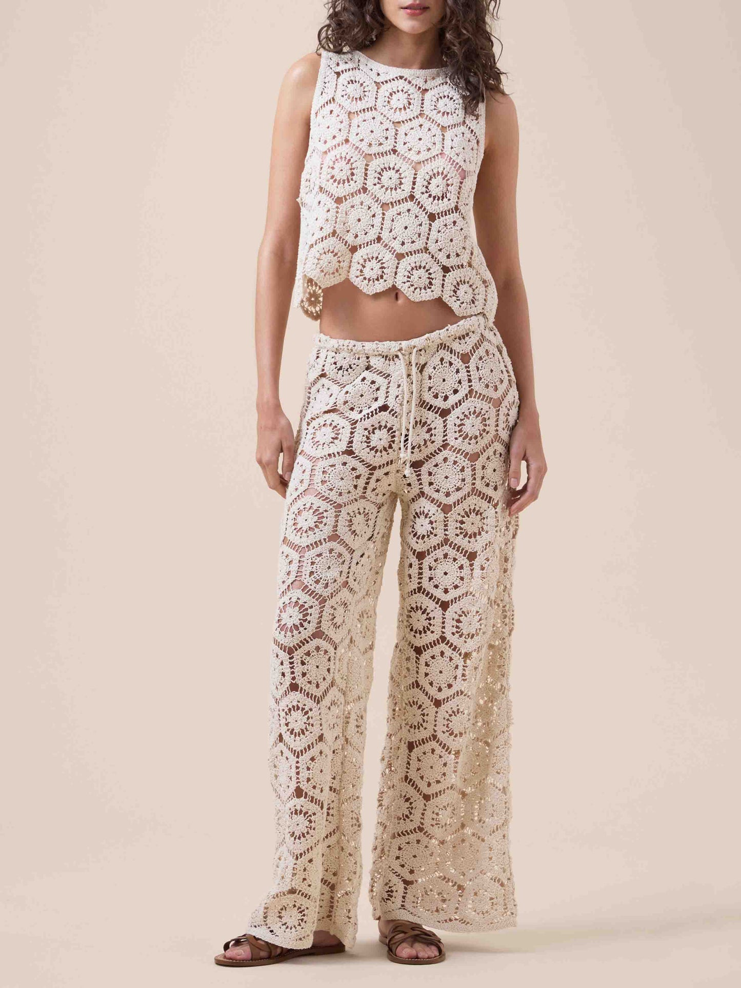 Bohemian Crochet Cutout Top & Wide-Leg Pants Two-Piece Set Cream Set