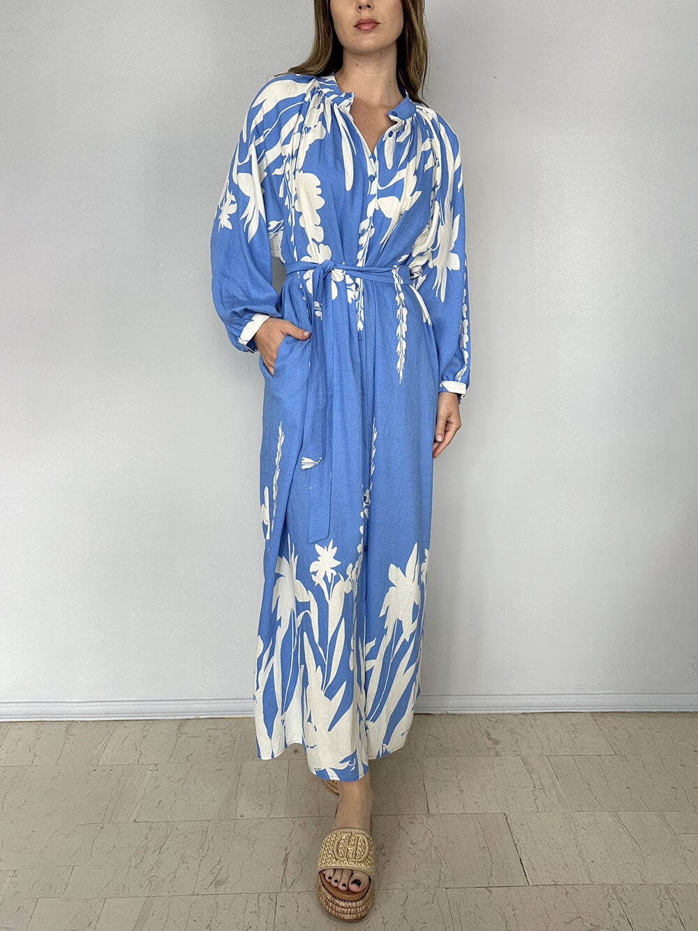 Bohemian Unique Print Slit Belted Maxi Dress Blue