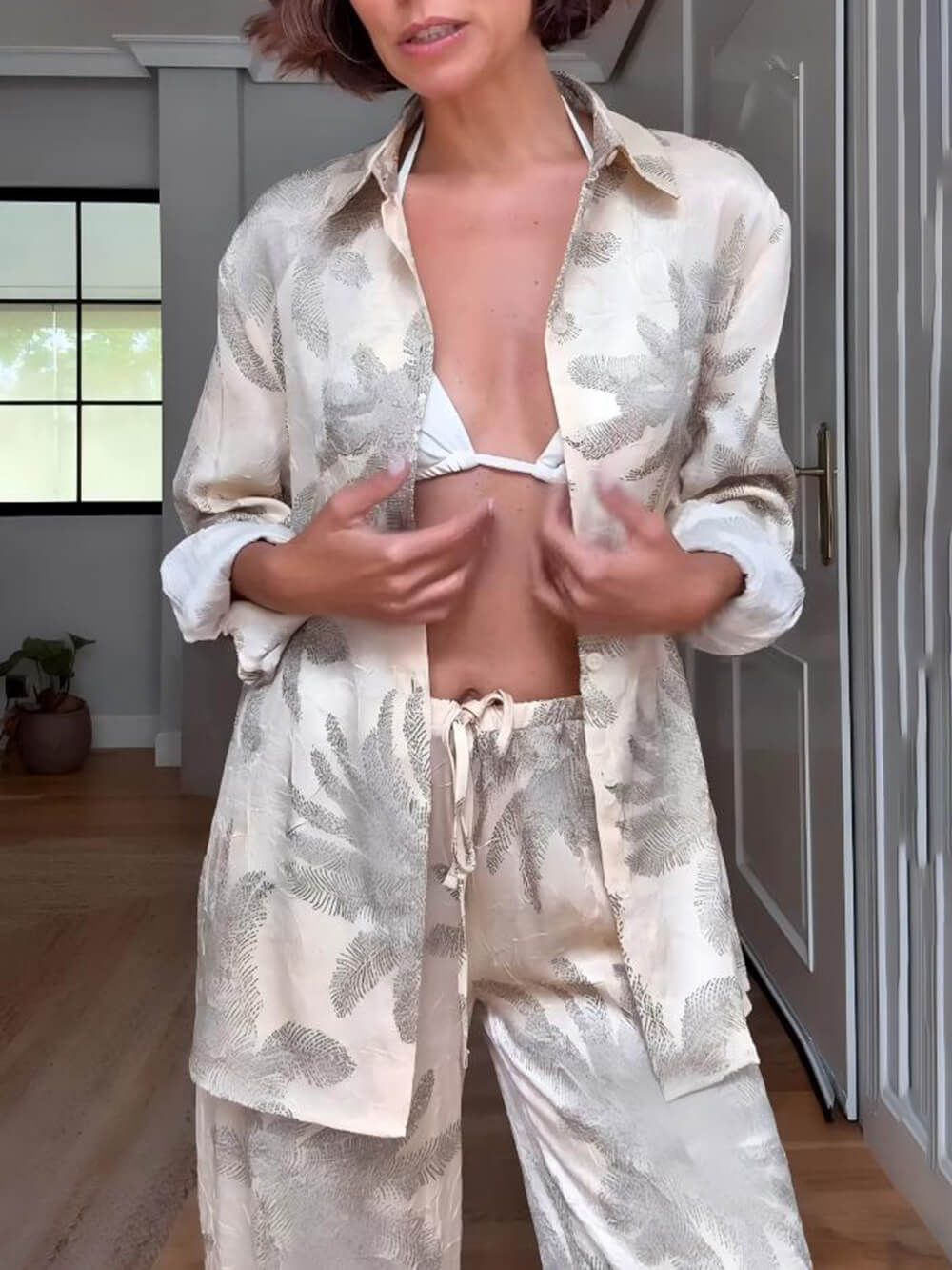 Summer Unique Palm Leaf Print Loose Button-Down Oversized Shirt White
