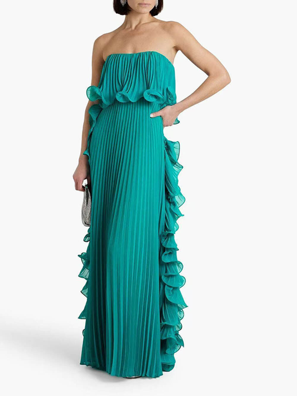 Elegant Chiffon Pleated Wavy Ruffles Trim Strapless Loose Maxi Dress Green