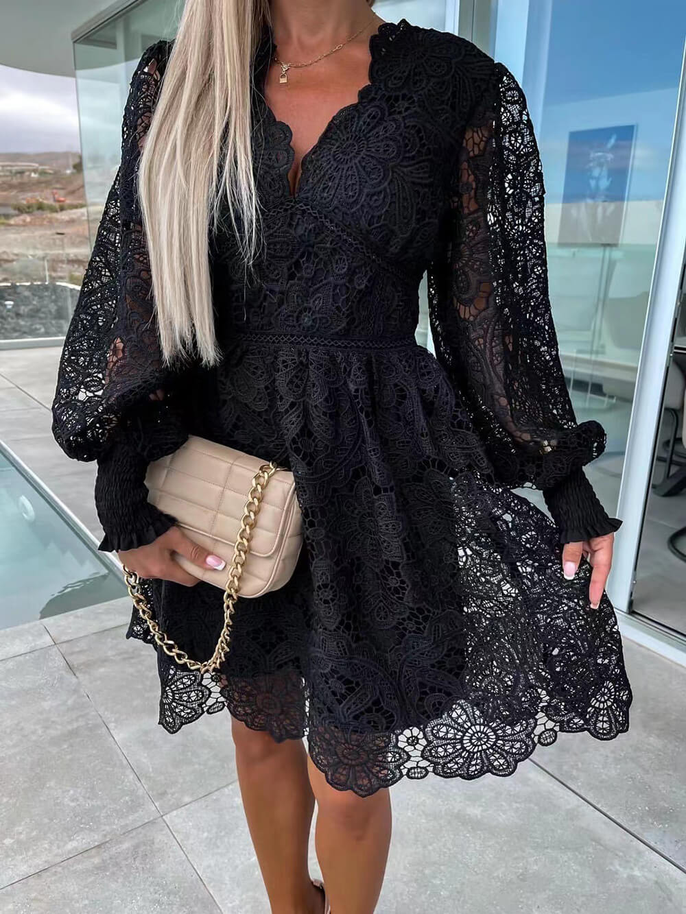 Sexy Hollow Lace Mini Dress Black