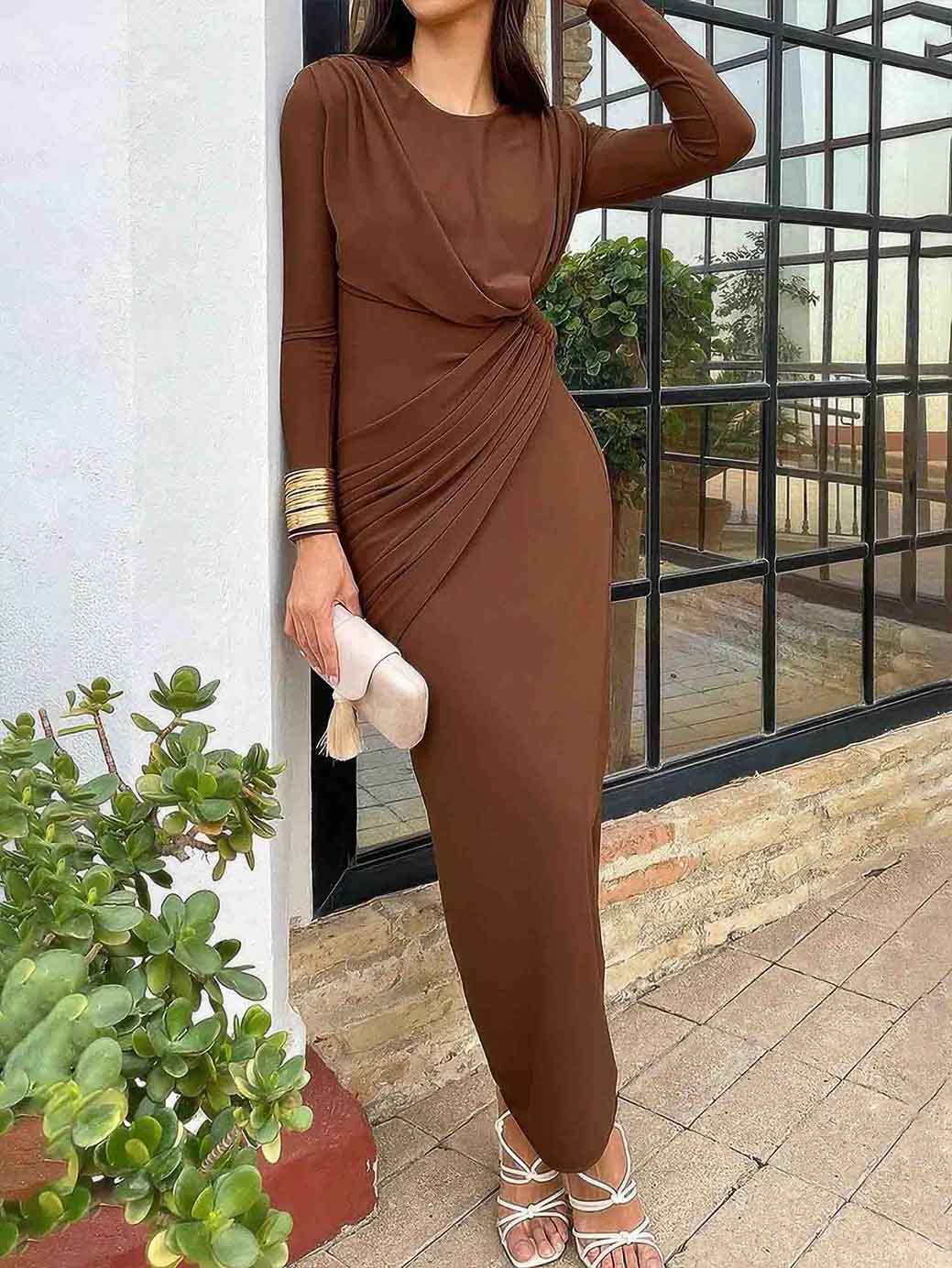 Elegant Crew Neck Pleated Wrap Hem Maxi Dress Brown