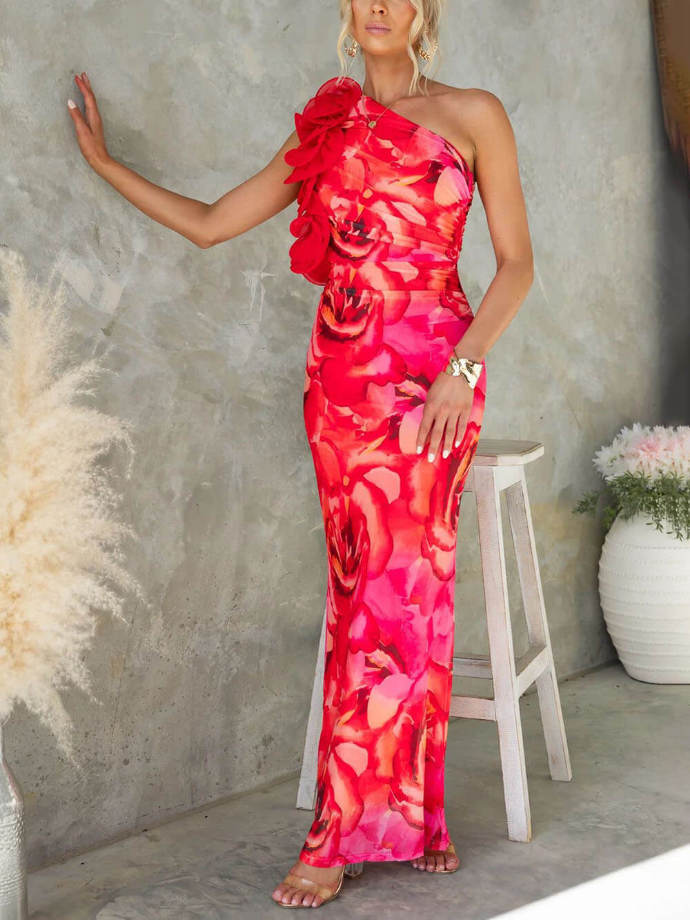 Sexy Elegant Sleeveless Three-Dimensional Flower Print Slim-Fitting Party Dress Red