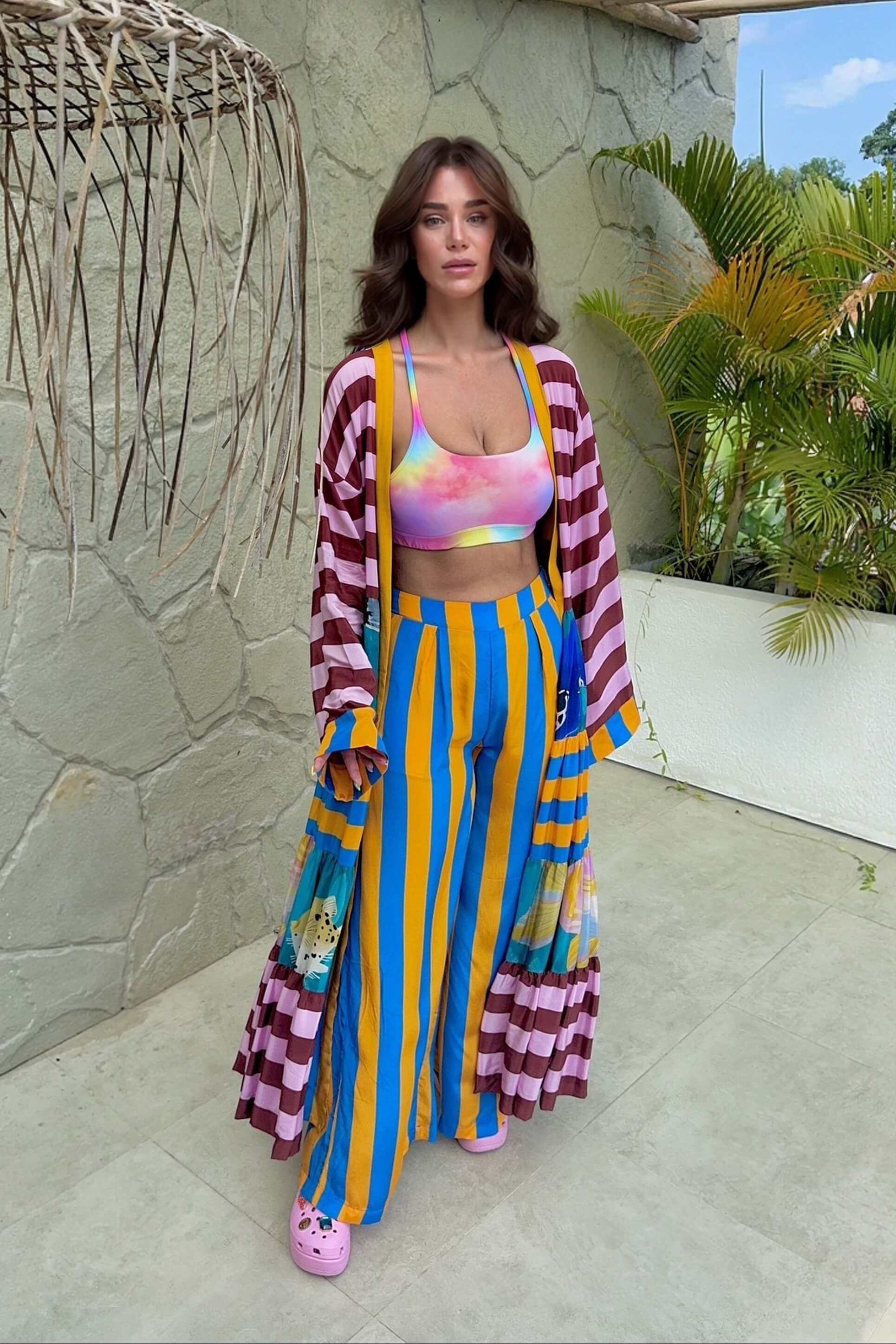 Unique Fashion Striped Print Elastic-Waist Wide-Leg Pants