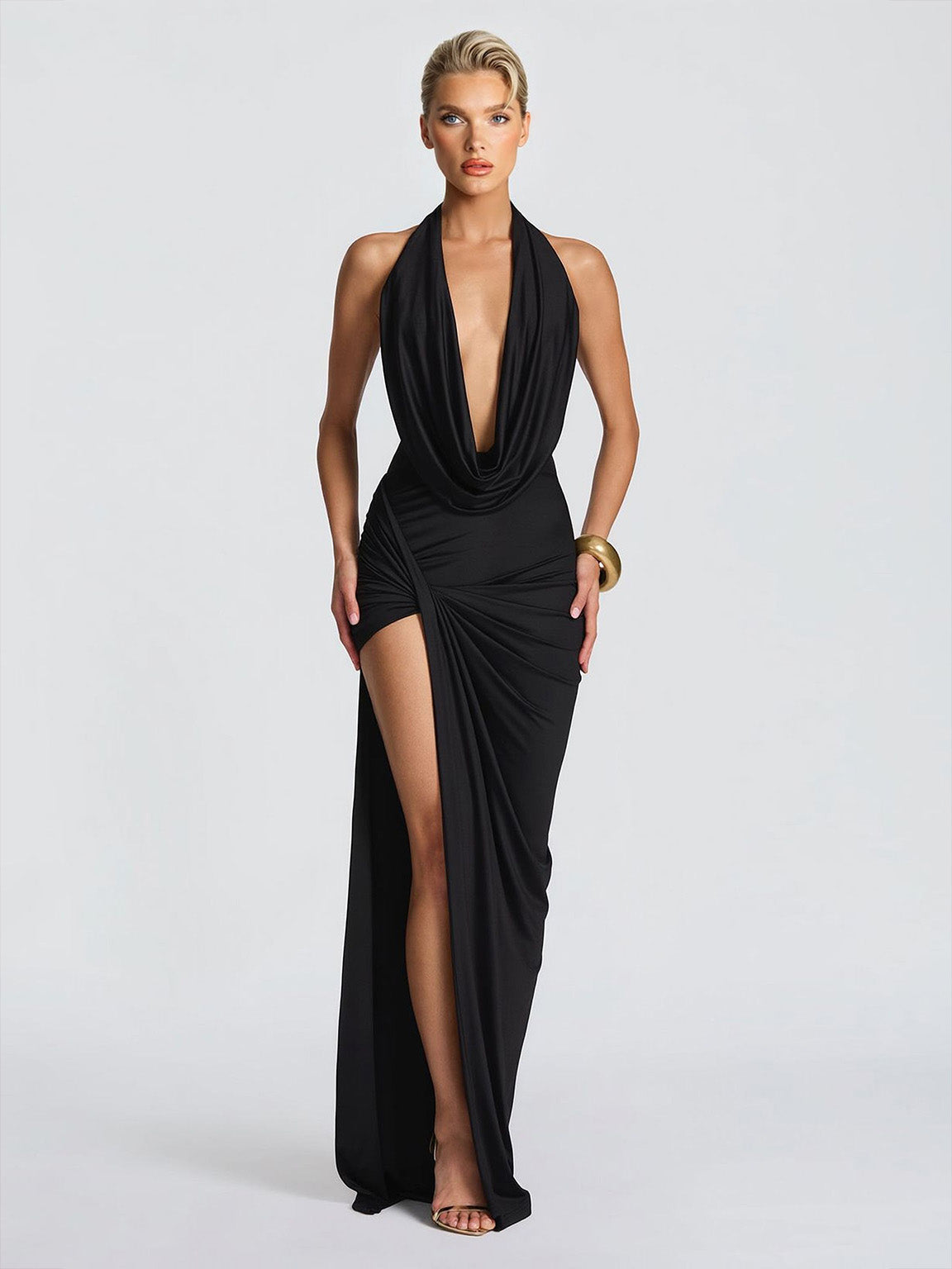 Sexy Sleeveless Ruched High-Slit Maxi Dress Black