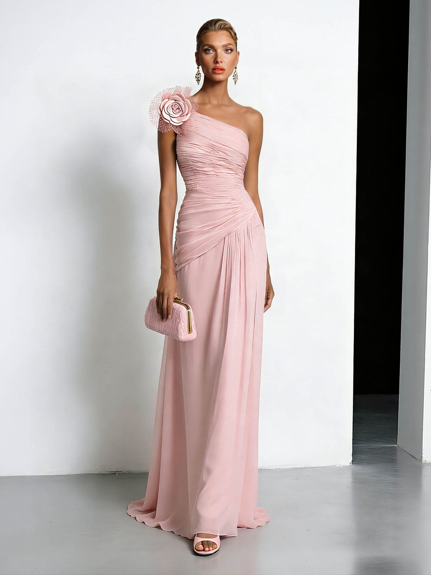 Elegant One-shoulder Ruffled Chiffon Maxi Dress Pink