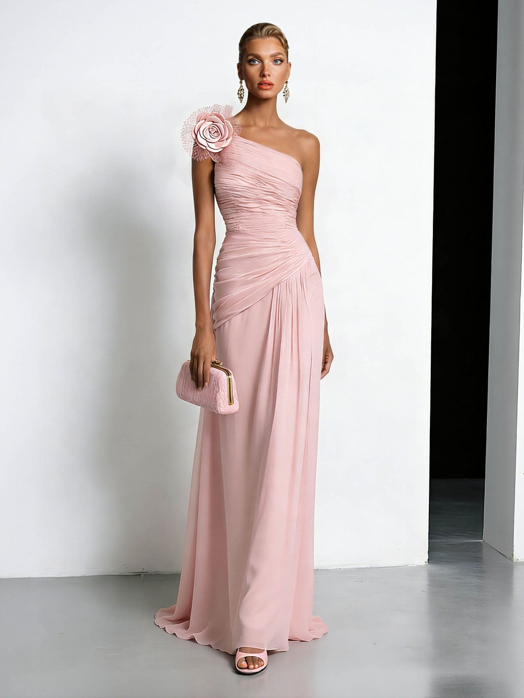 Elegant One-shoulder Ruffled Chiffon Maxi Dress Pink
