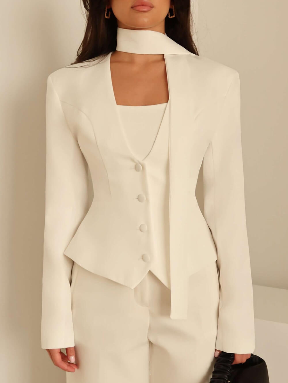 Fashion Solid Color V-Neck Scarf-Trimmed Long Sleeve Blazer White