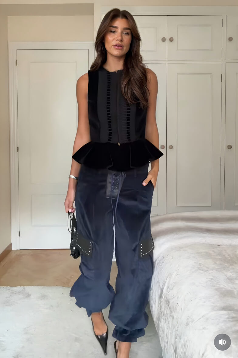 Retro Fashion Ruffled Sleeveless Vest Corduroy Drawstring Tapered Pants Set Black