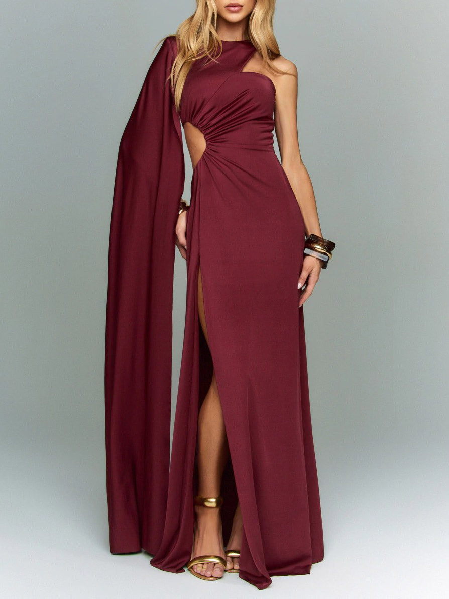 Sexy One-Shoulder Cutout Slit Maxi Dress Red