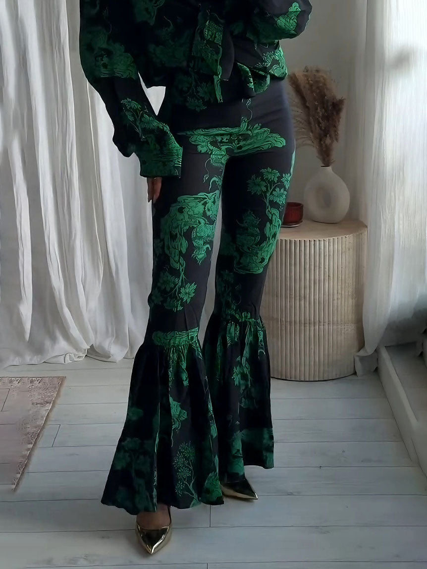 Exquisite Abstract Print Flared Pants Black & Green