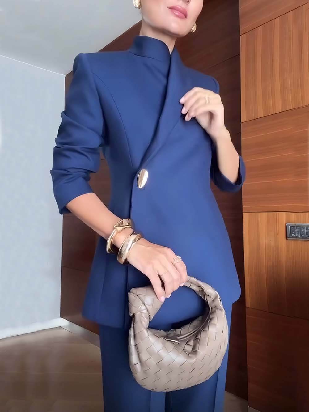 Fashionable Stand Lapel Neck Metal Button Long Sleeve Blazer Navy Blue