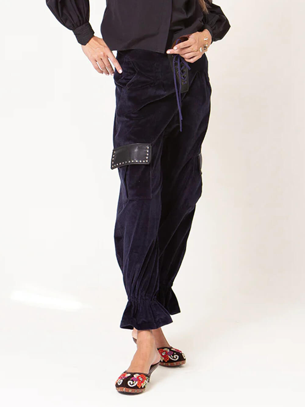 Retro Fashion Ruffled Sleeveless Vest Corduroy Drawstring Tapered Pants Set