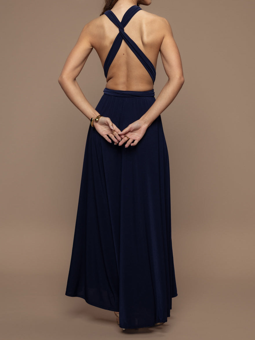 Elegant Halter Neck Draped Tie-Waist Maxi Dress