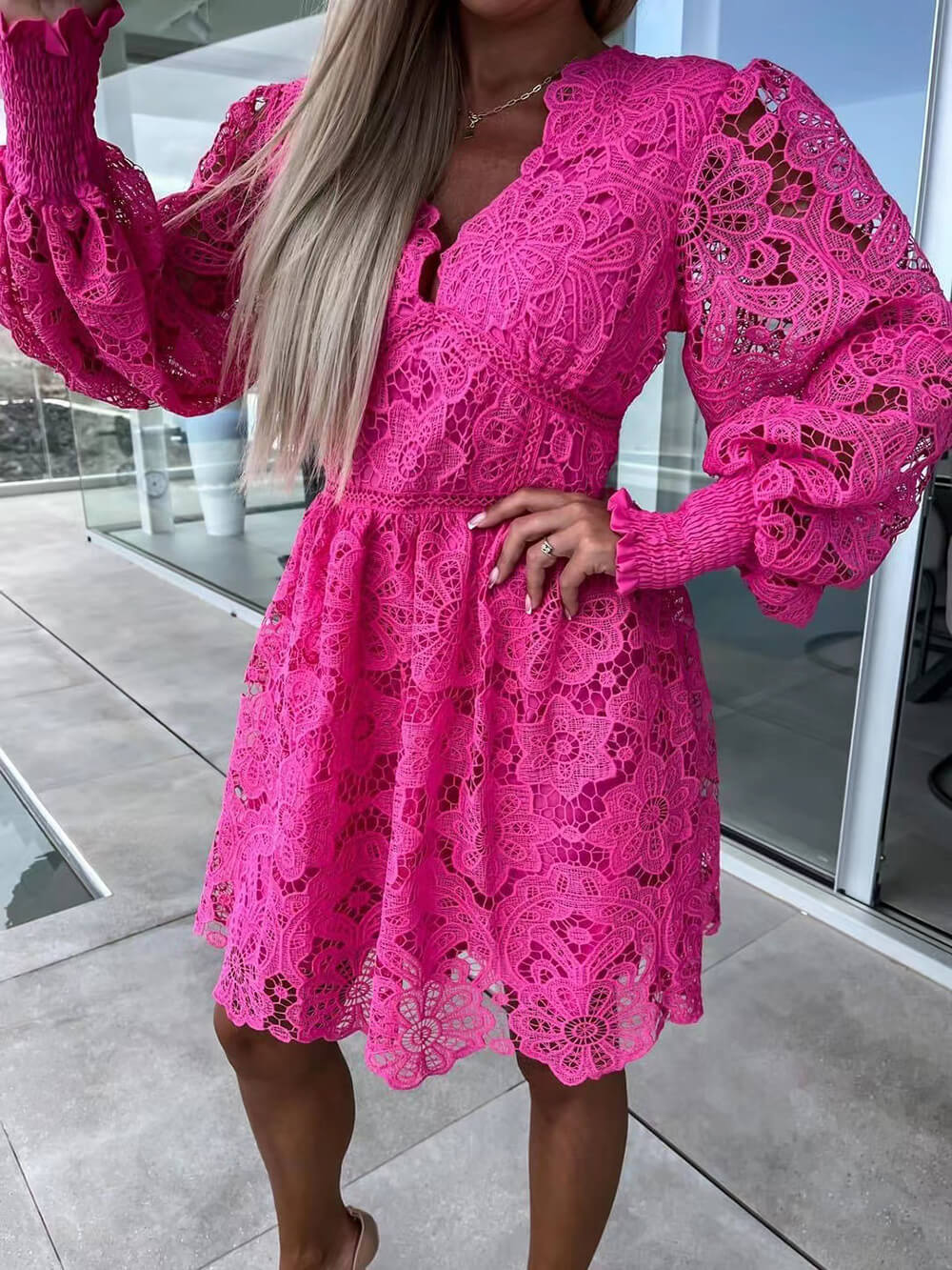 Sexy Hollow Lace Mini Dress Rose Red