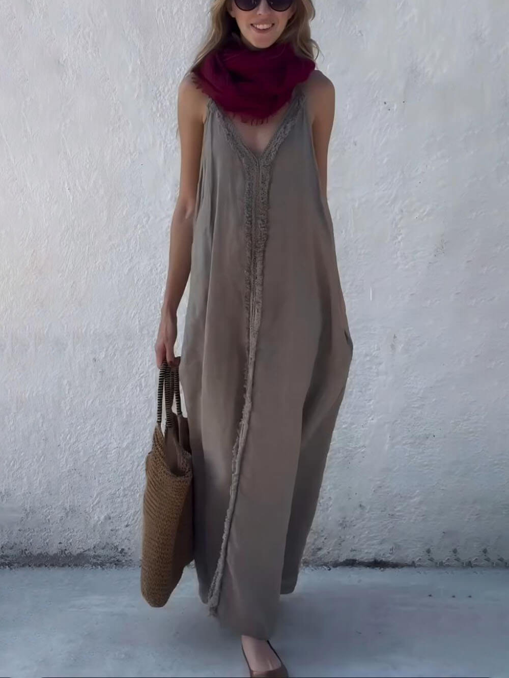 Modern Unique Lace Decoration V-Neck Suspender Maxi Dress Gray
