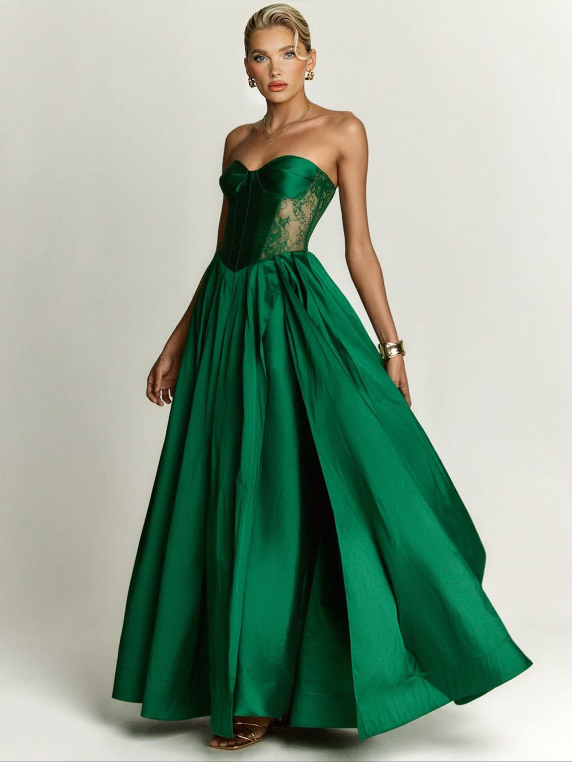 Elegant Strapless Lace-Panel Ball Gown Maxi Dress Green
