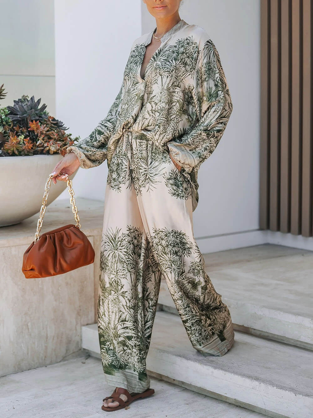 Casual Palm Leaf Print Loose Shirt And Wide-Leg Pants Set Multicolor