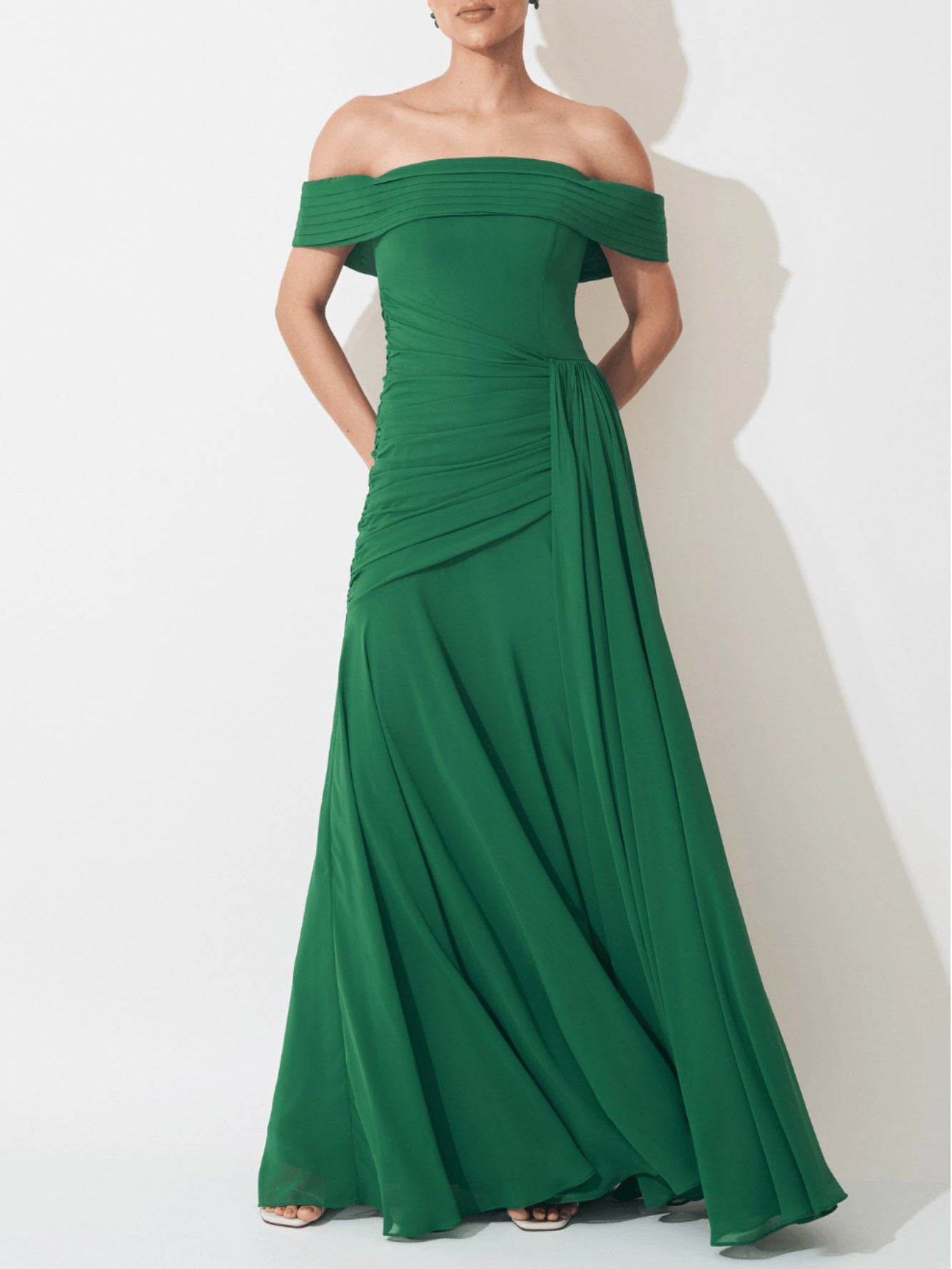 Elegant Off Shoulder Ruched Chiffon Maxi Dress Dark Green