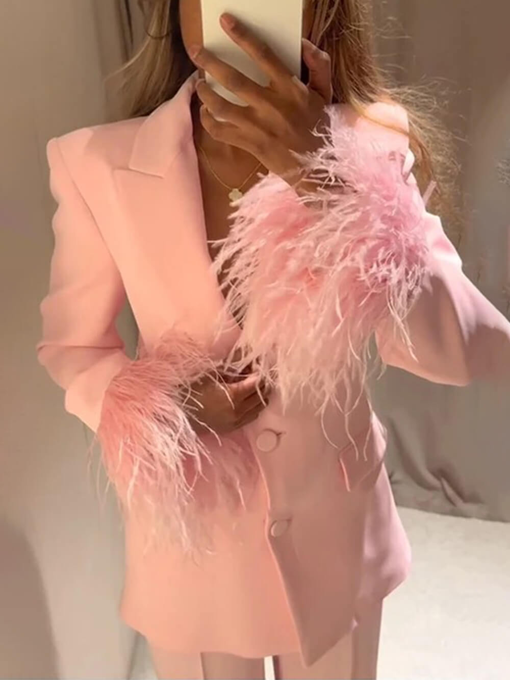 Elegant Pink Feather-Trim Long-Sleeve Blazer Pink