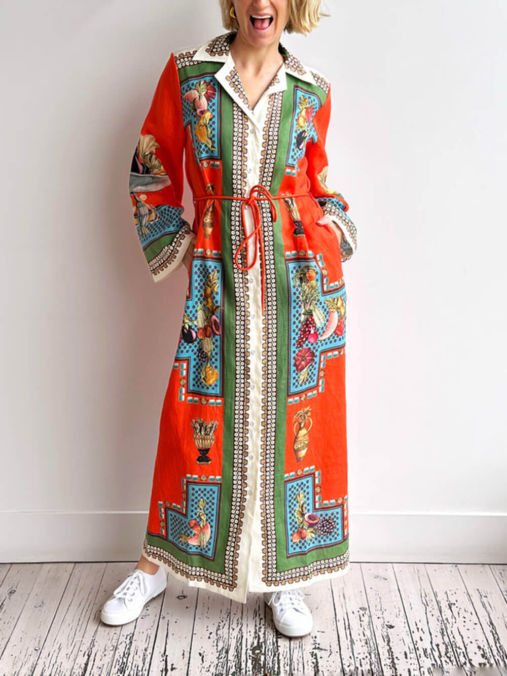 Classic Modern Unique Print Patchwork Loose Belted Shirt Silhouette Maxi Dress Orange