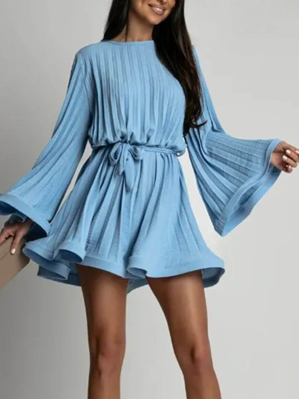 Elegant Round Neck Bell Sleeve Tie-Waist Ruched Mini Dress Blue