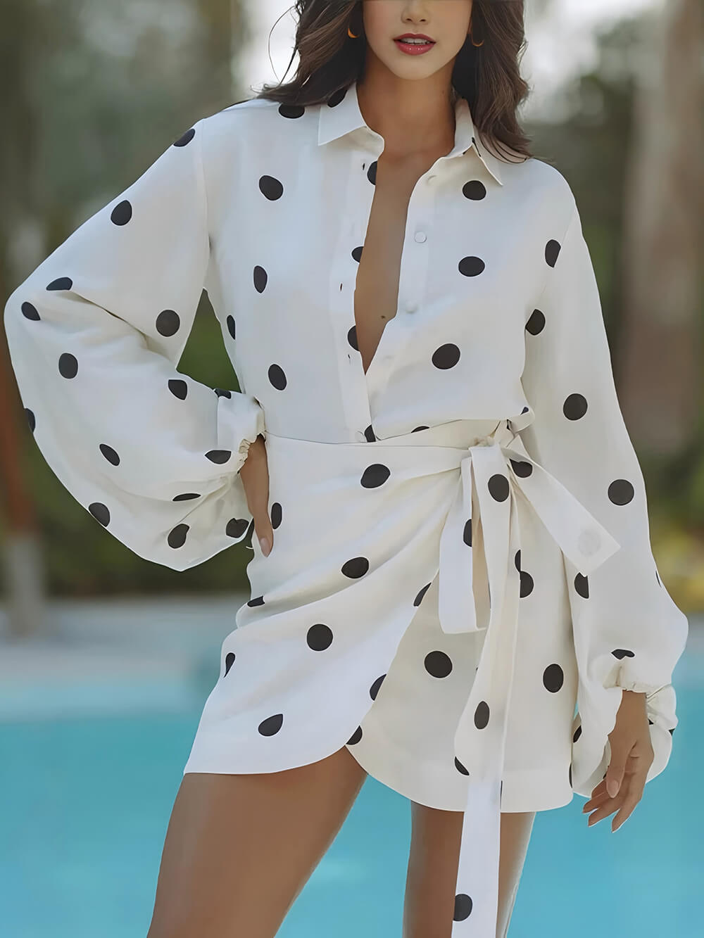 Casual Effortlessly Polka Dot Prints Balloon Sleeve Blouse and Wrap Tie-up Loose Mini Skirt Set White