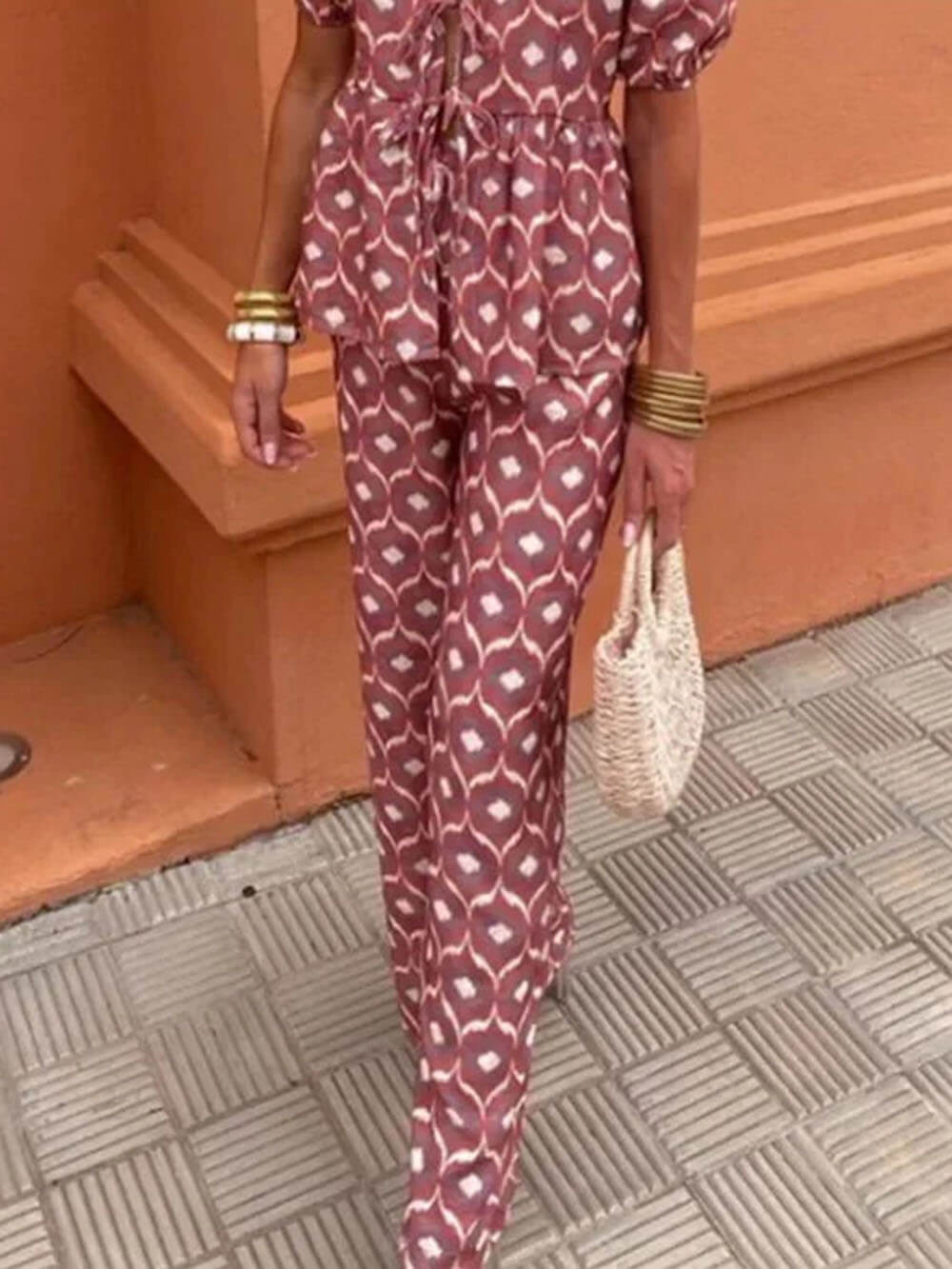 Casual Floral Print Elastic Loose Pants Red