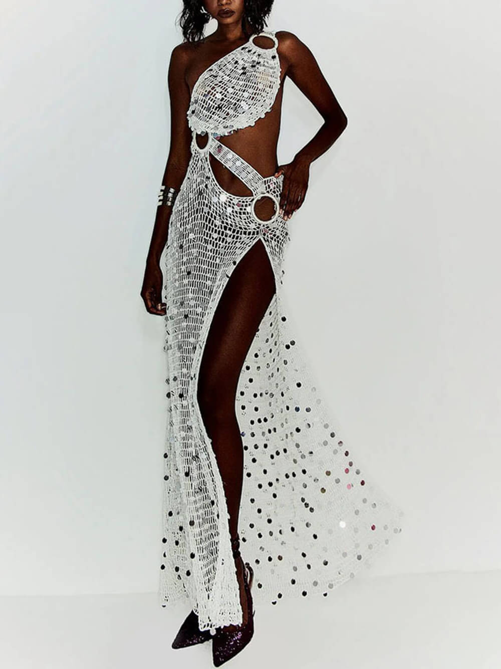Sexy White Knit Cutout Sequin One-Shoulder Ring-Detail Slit Cover-Up Maxi Dress White