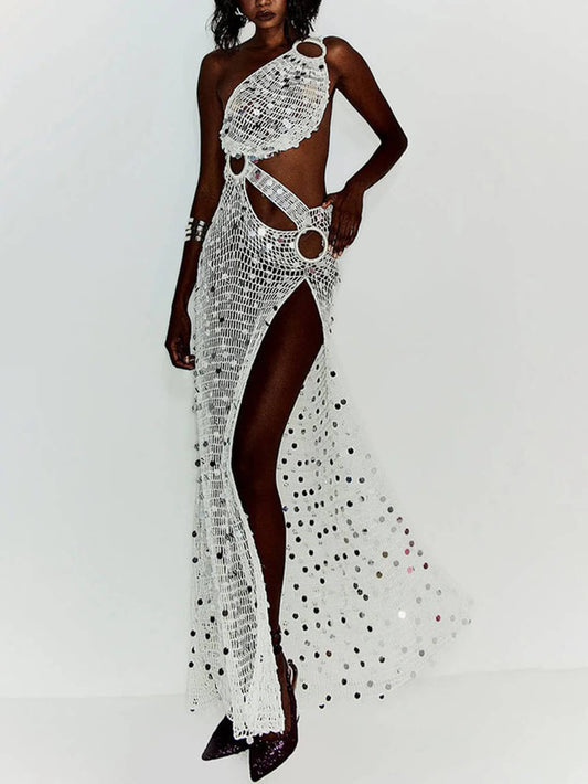 Sexy White Knit Cutout Sequin One-Shoulder Ring-Detail Slit Cover-Up Maxi Dress White