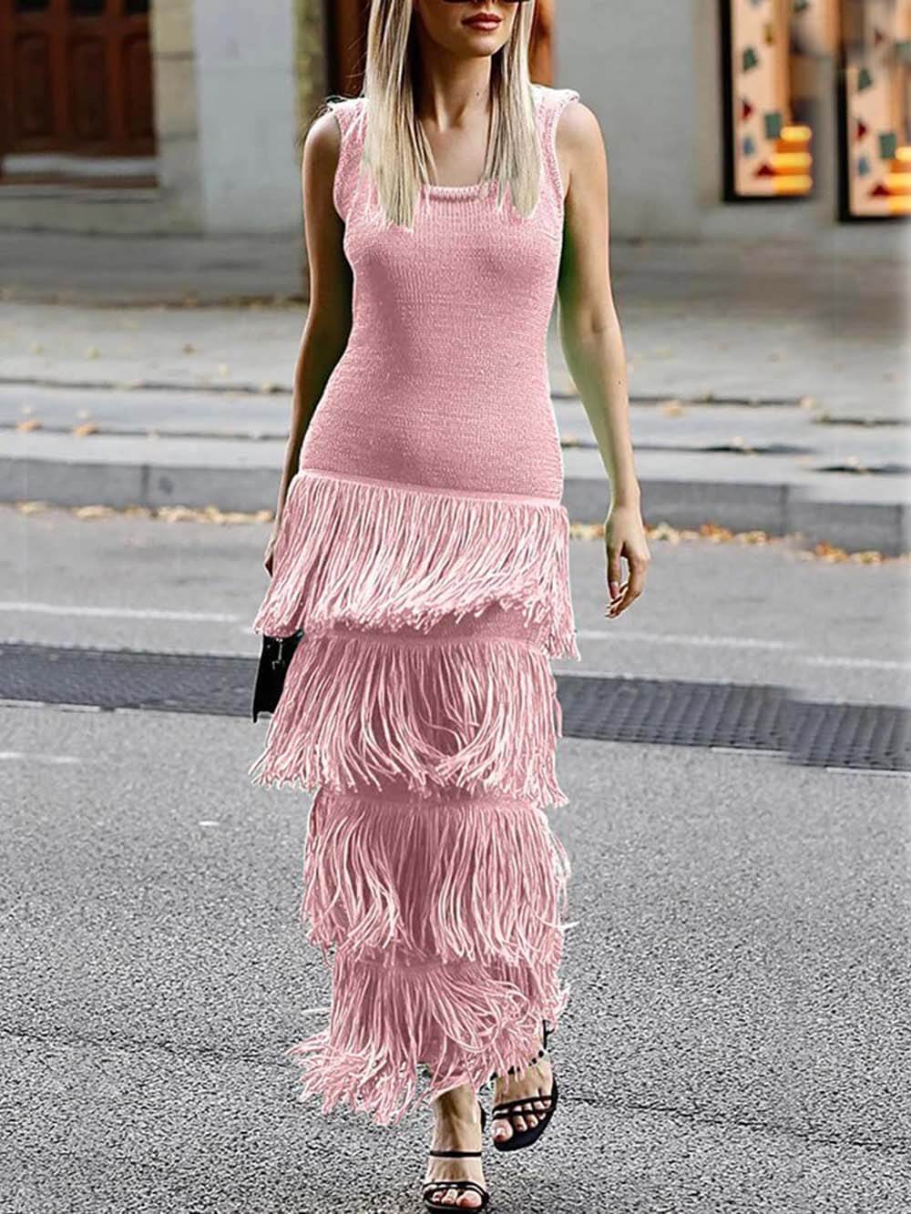 Elegant Solid Color Sleeveless Slim Fit Fringed Hem Knitted Maxi Dress Pink