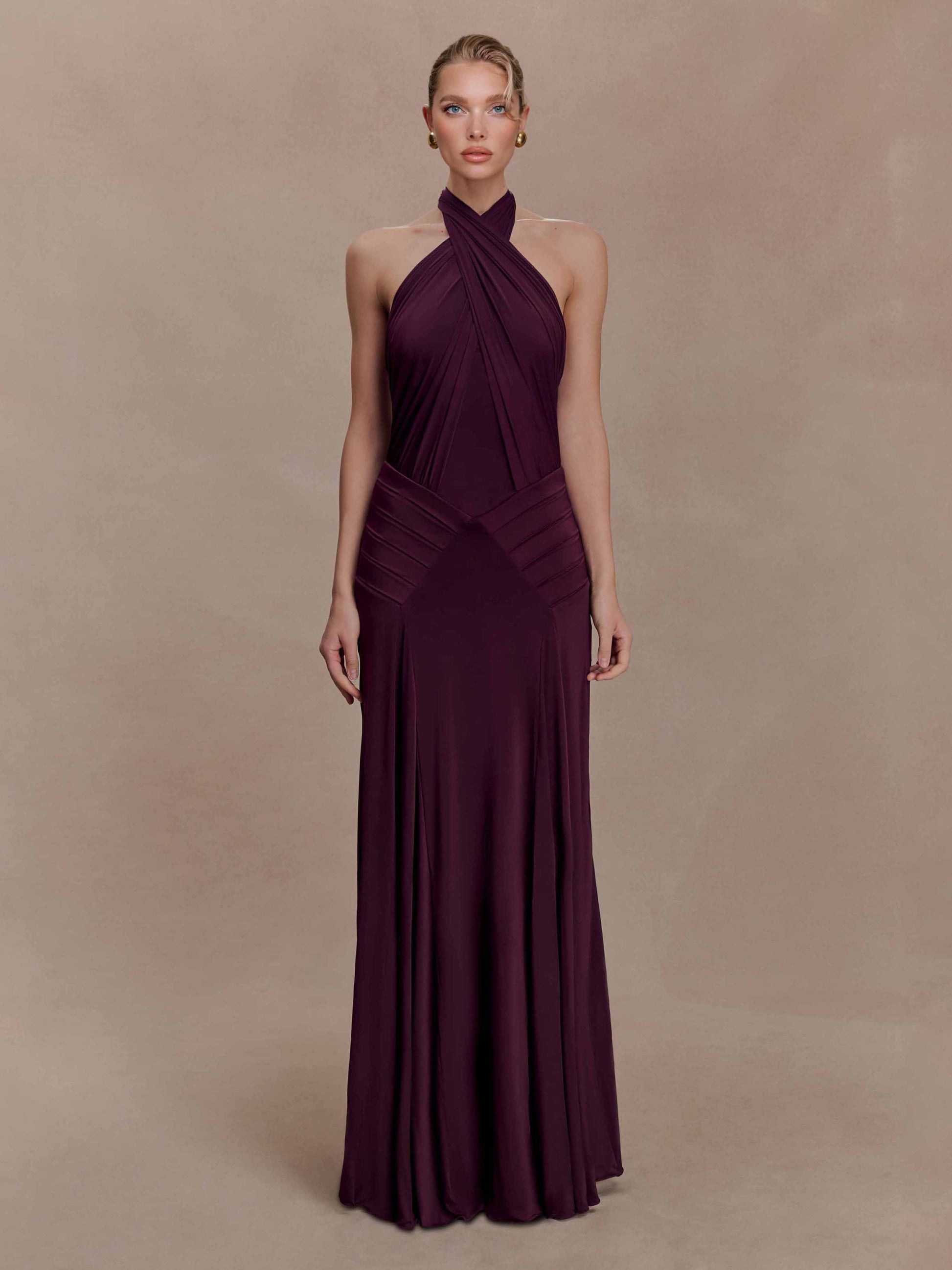 Elegant Pleated Fitted Backless Maxi Dress Purple