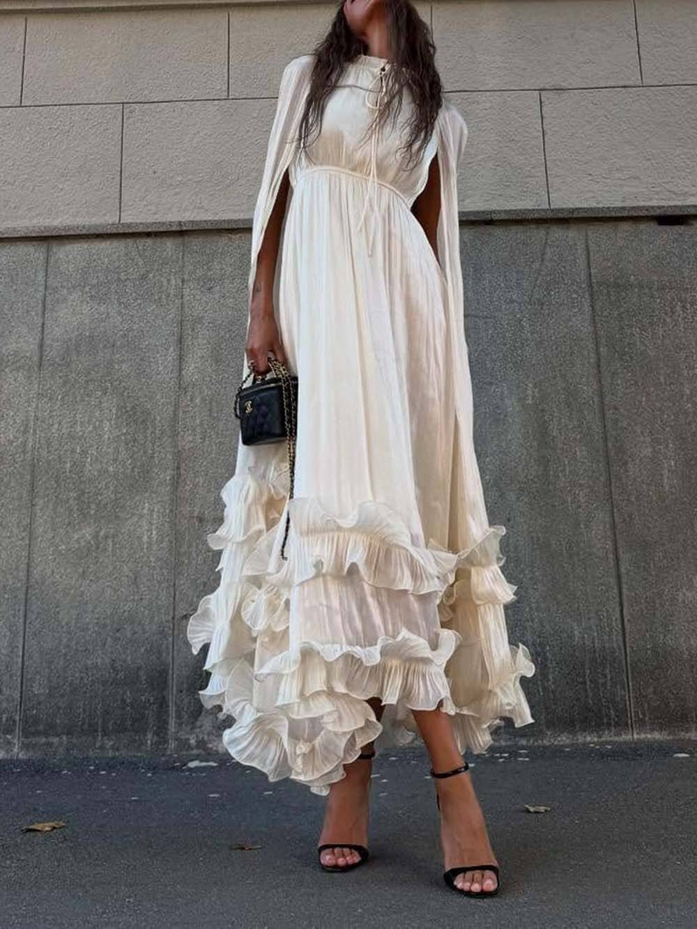 Exquisite Fashionable V-neck Lace-up Ruffled Double-layer Hem Maxi Dress Beige