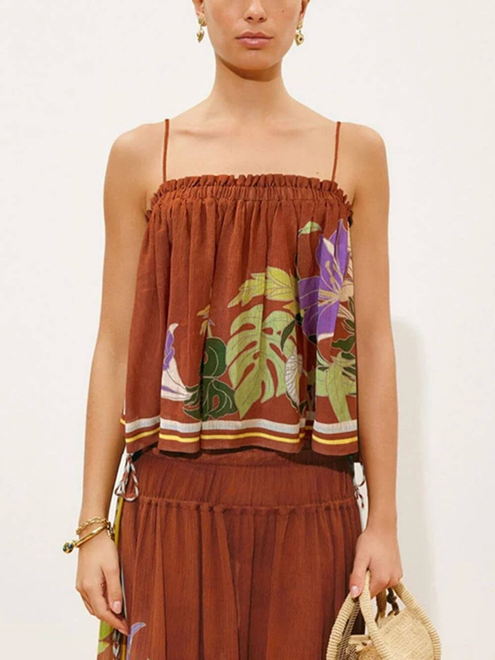 Delicate Ruffle Printed Ruched Adjustable Straps Camisole Top Brown