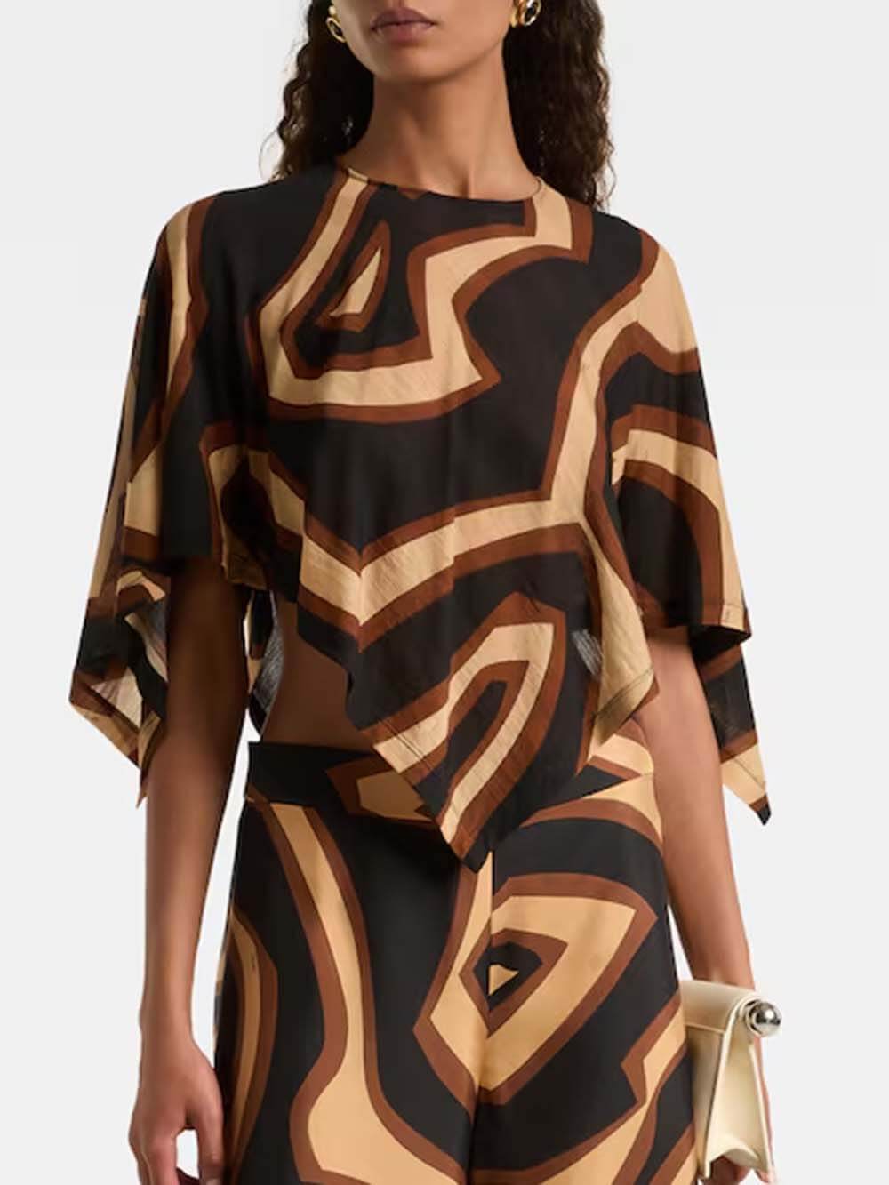 Retro Swirl Print Cape Blouse Brown